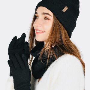 4pc Black Knitted Winter Set for Male or Female. Beanie, Neck Warmer & Gloves